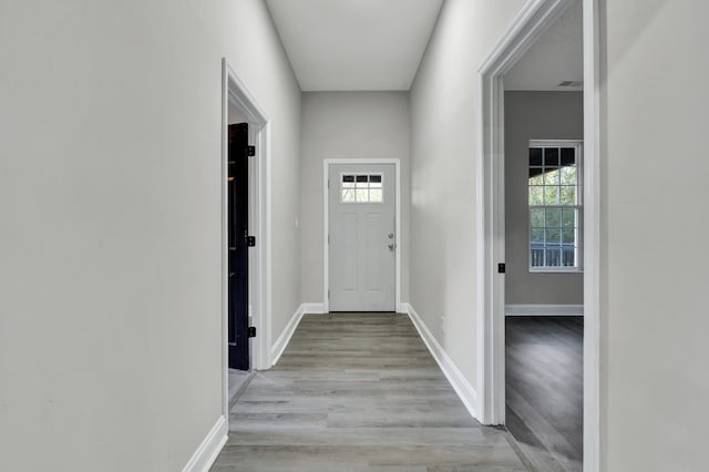 doorway with plenty of natural light and light wood-type flooring