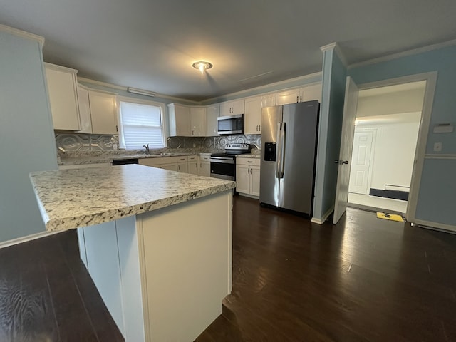 kitchen featuring sink, stainless steel appliances, tasteful backsplash, dark hardwood / wood-style flooring, and white cabinets