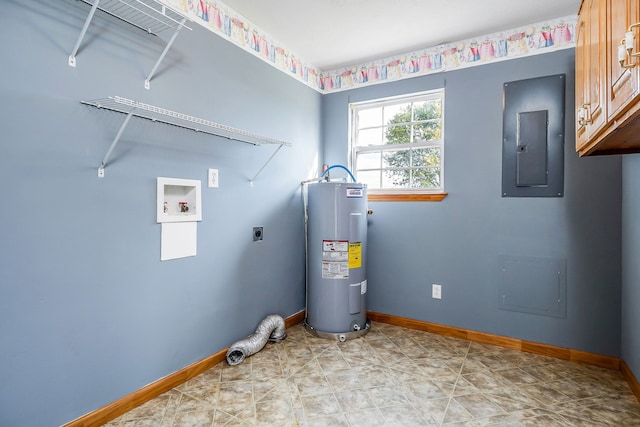 clothes washing area featuring cabinets, electric panel, hookup for a washing machine, water heater, and hookup for an electric dryer