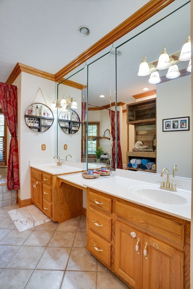 bathroom featuring vanity, tile patterned floors, and ornamental molding