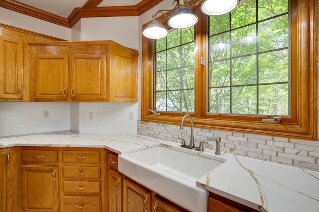 kitchen with tasteful backsplash, crown molding, sink, and light stone countertops