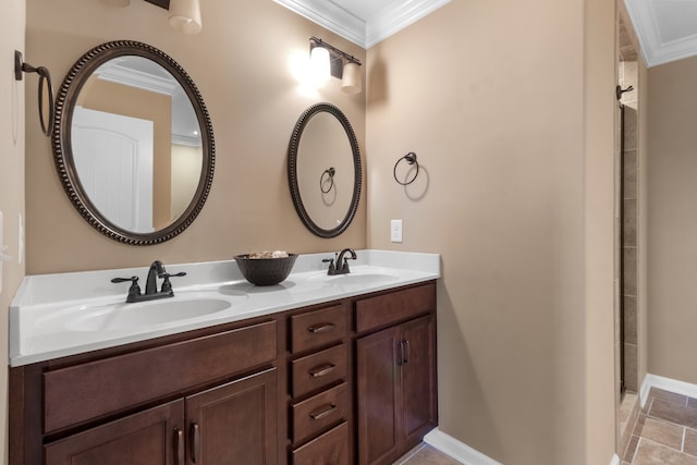 bathroom featuring vanity, a shower with door, and ornamental molding