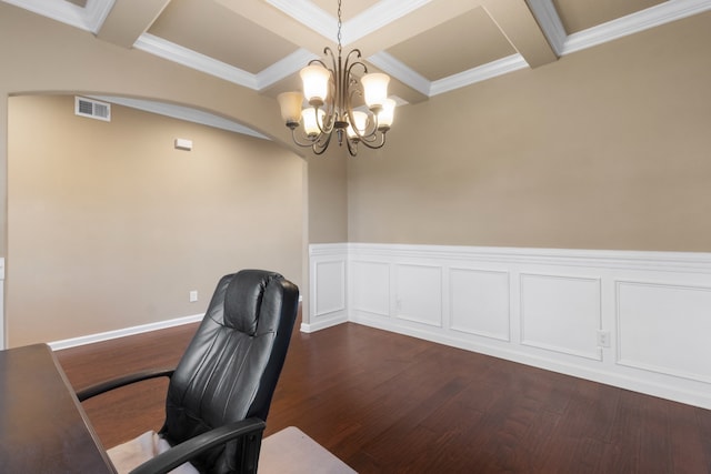 unfurnished office with coffered ceiling, crown molding, dark wood-type flooring, beamed ceiling, and a chandelier