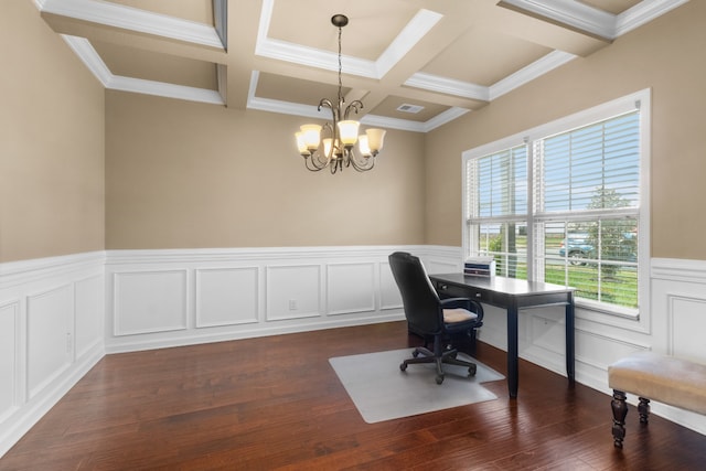 office area featuring dark hardwood / wood-style flooring, crown molding, plenty of natural light, and a chandelier