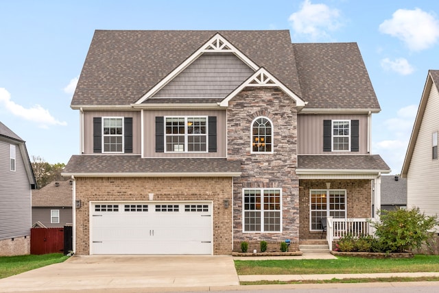 craftsman inspired home with a porch and a garage