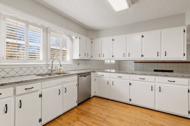 kitchen featuring white cabinets, a textured ceiling, stainless steel dishwasher, and sink