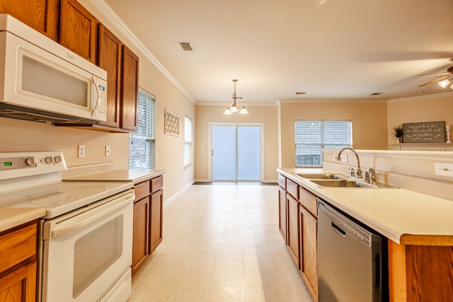 kitchen with sink, hanging light fixtures, crown molding, white appliances, and ceiling fan with notable chandelier