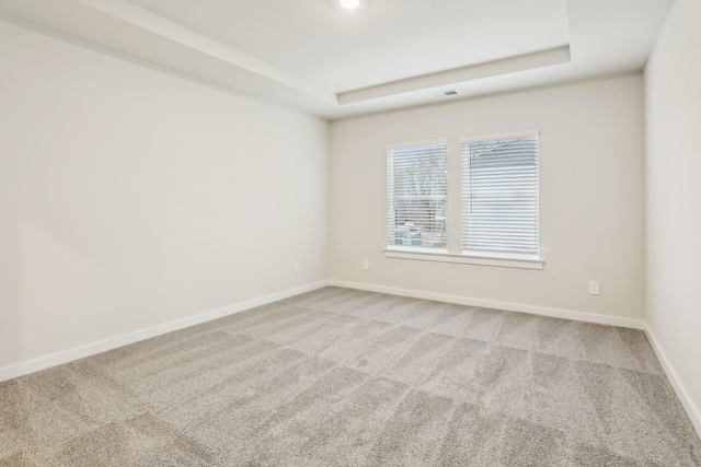 spare room featuring a tray ceiling and carpet floors