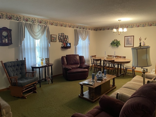 carpeted living room featuring a textured ceiling and a notable chandelier