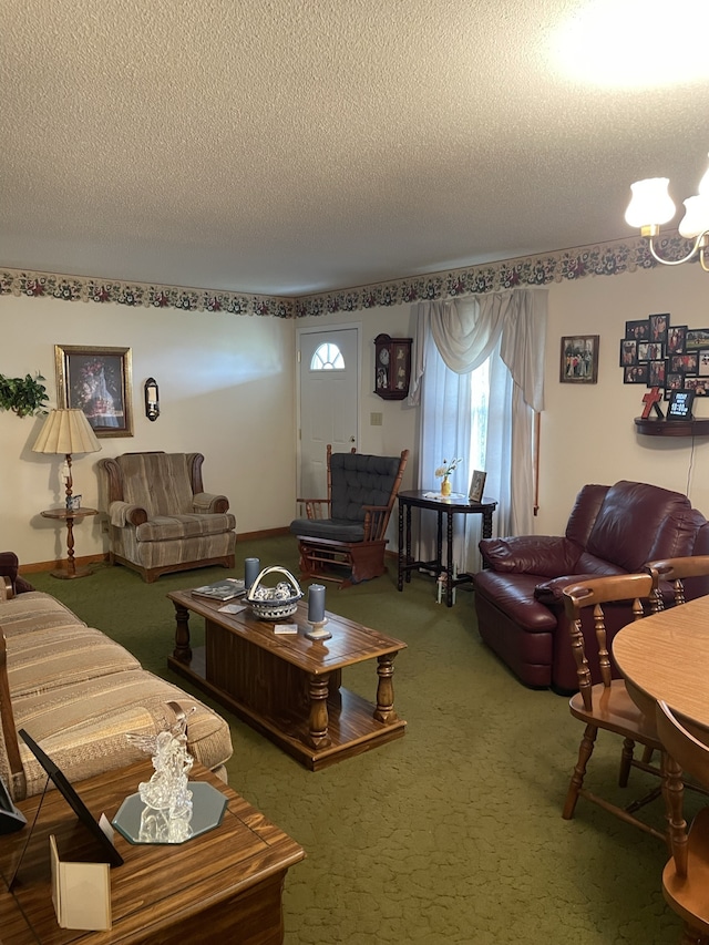 living room with a textured ceiling and carpet floors