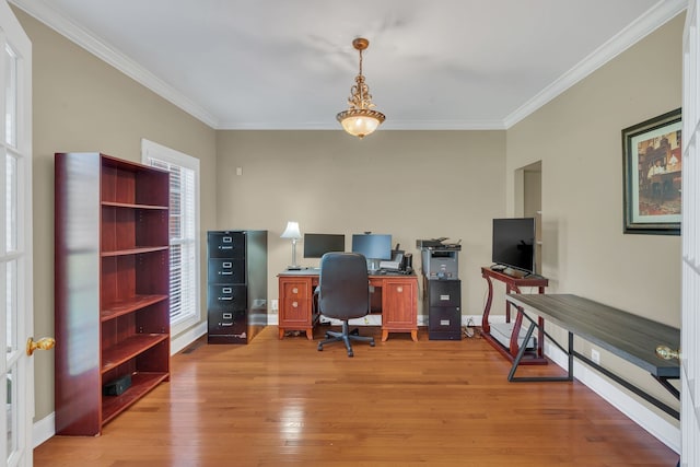 office with light wood-type flooring and crown molding