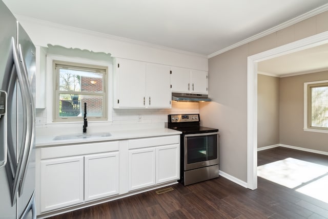 kitchen featuring sink, dark wood-type flooring, plenty of natural light, and appliances with stainless steel finishes