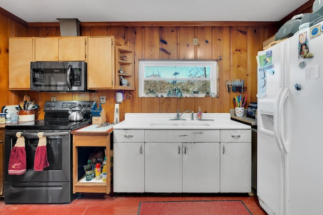 kitchen featuring a sink, wood walls, light countertops, appliances with stainless steel finishes, and open shelves