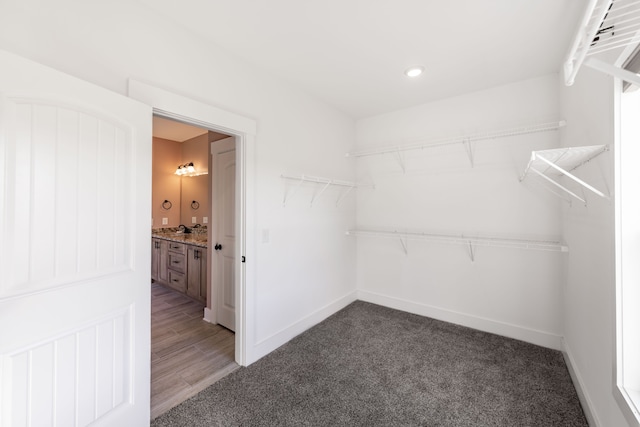 walk in closet with dark hardwood / wood-style floors