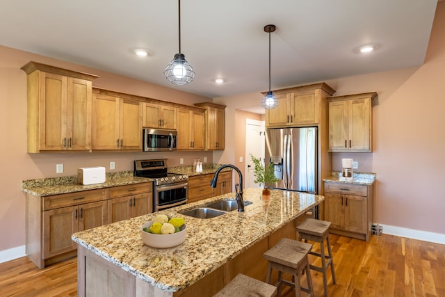 kitchen featuring light hardwood / wood-style floors, sink, stainless steel appliances, and hanging light fixtures