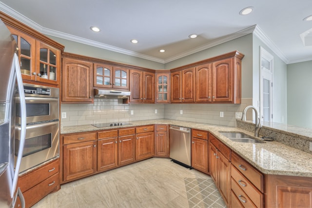 kitchen featuring light stone countertops, decorative backsplash, stainless steel appliances, crown molding, and sink