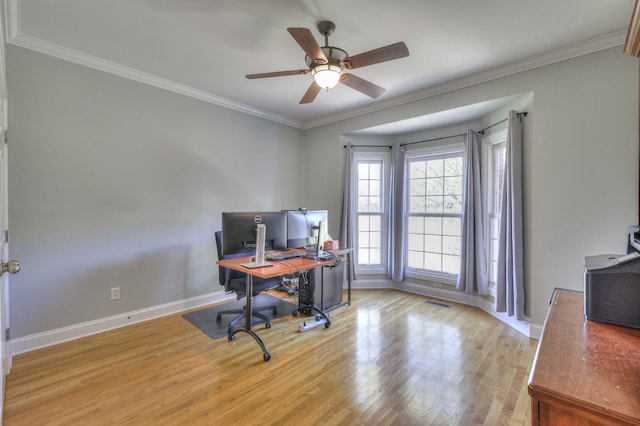 office space featuring light hardwood / wood-style flooring, ceiling fan, and crown molding