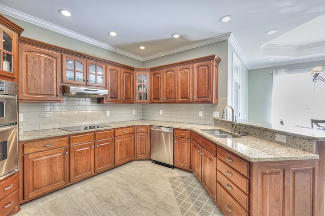 kitchen with sink, stainless steel appliances, tasteful backsplash, light stone counters, and crown molding