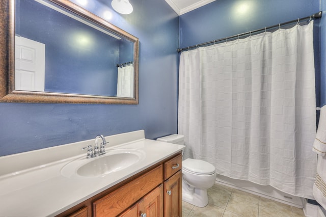 full bathroom with tile patterned floors, crown molding, toilet, shower / bath combo with shower curtain, and vanity