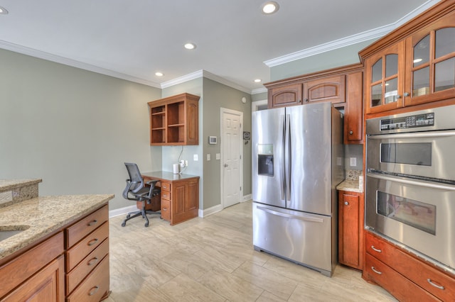 kitchen featuring decorative backsplash, light stone countertops, ornamental molding, and appliances with stainless steel finishes