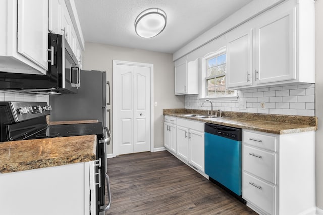 kitchen with sink, decorative backsplash, appliances with stainless steel finishes, dark hardwood / wood-style flooring, and white cabinetry