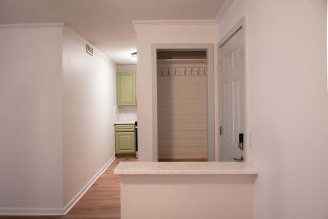 mudroom featuring light hardwood / wood-style flooring, a textured ceiling, and ornamental molding