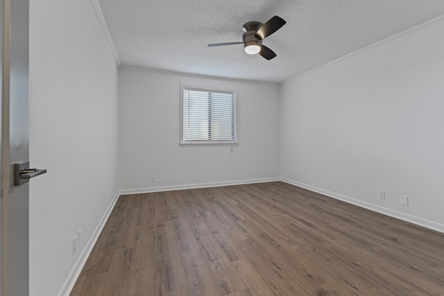 unfurnished room with wood-type flooring, crown molding, ceiling fan, and a textured ceiling