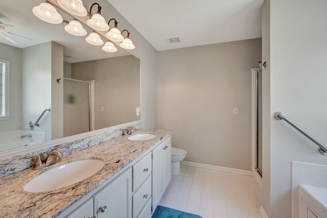 full bathroom featuring vanity, ceiling fan, plus walk in shower, and toilet