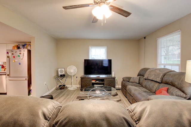 living room with ceiling fan and light hardwood / wood-style flooring