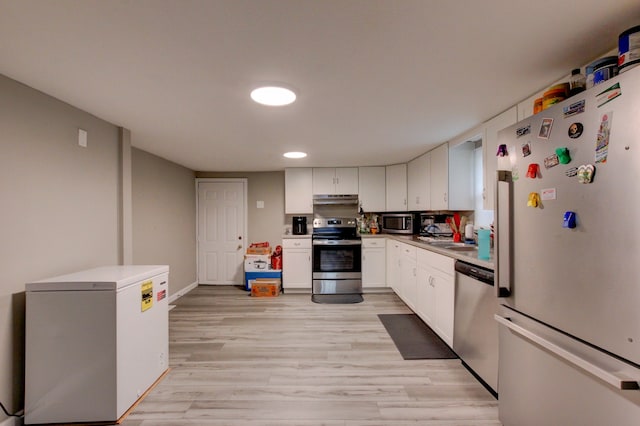 kitchen featuring tasteful backsplash, white cabinetry, stainless steel appliances, and light wood-type flooring