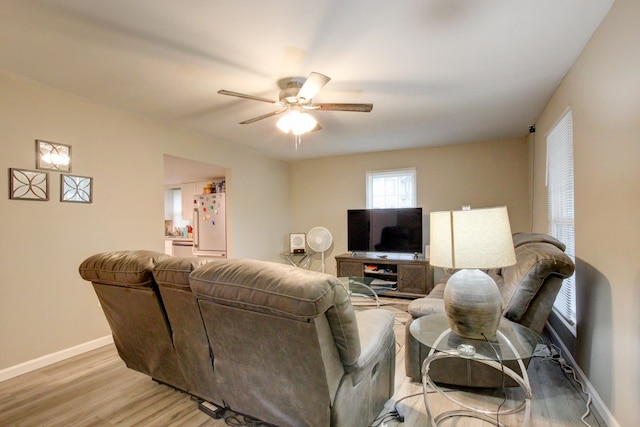 living room featuring ceiling fan and light hardwood / wood-style floors