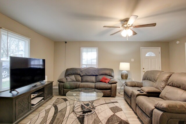 living room with ceiling fan