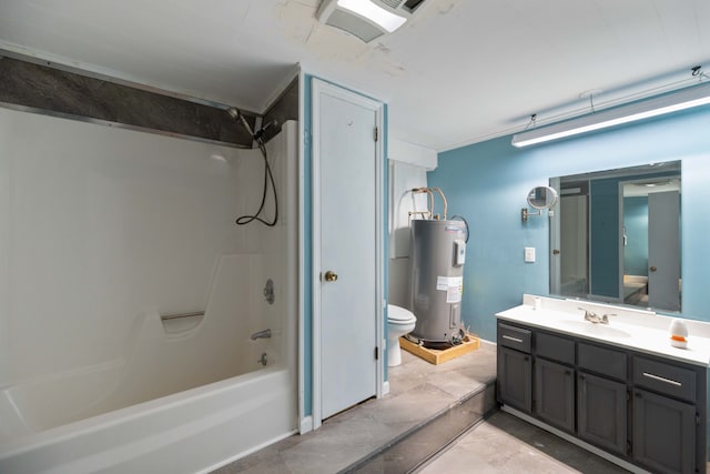 full bathroom with vanity,  shower combination, toilet, and electric water heater