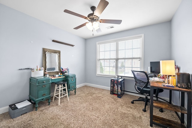 office area with ceiling fan and light colored carpet