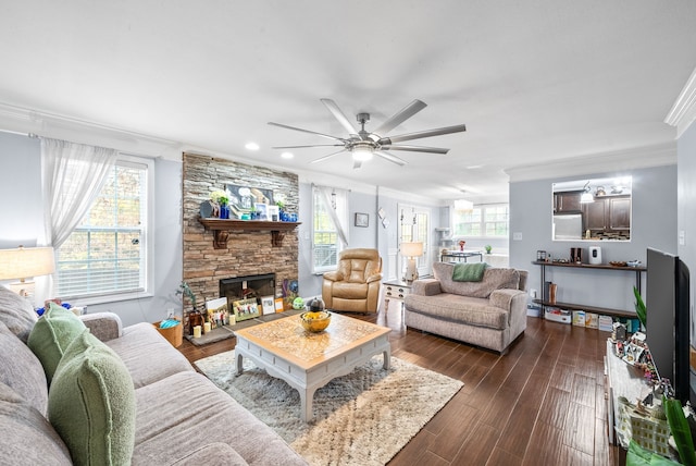 living room with a stone fireplace, ceiling fan, dark hardwood / wood-style flooring, and ornamental molding