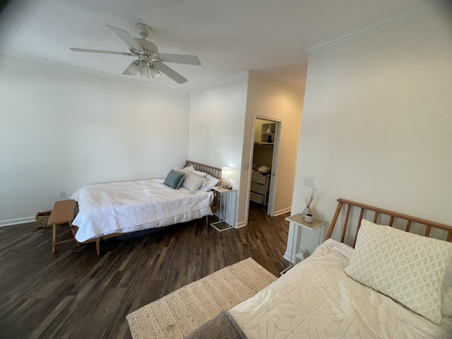 bedroom with ceiling fan, crown molding, and dark hardwood / wood-style floors