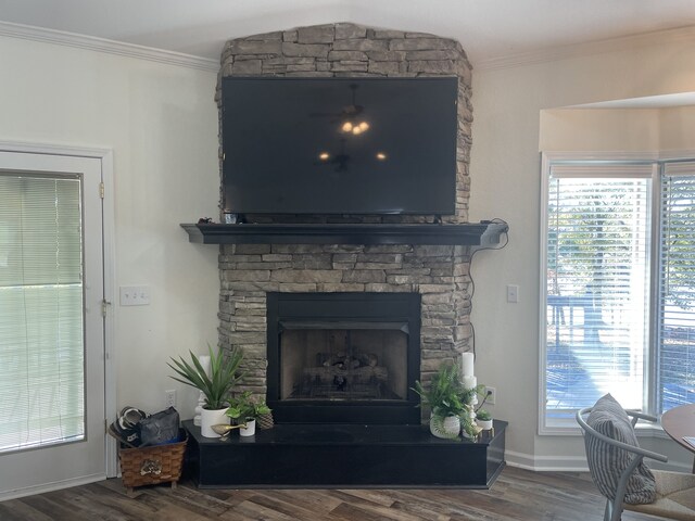 details featuring a stone fireplace, ornamental molding, and hardwood / wood-style flooring