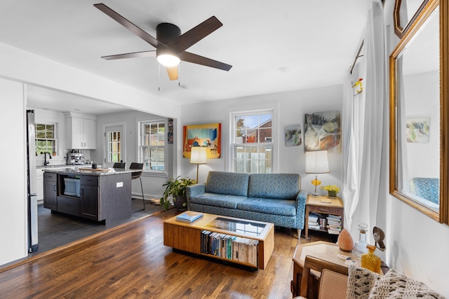 living room with ceiling fan, dark hardwood / wood-style flooring, and sink