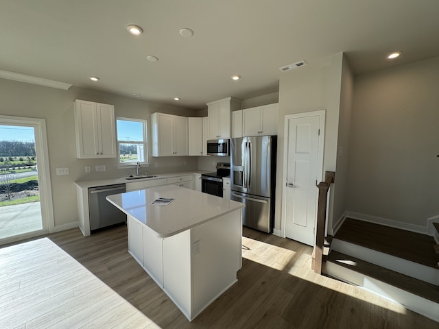 kitchen featuring sink, a center island, a healthy amount of sunlight, and appliances with stainless steel finishes