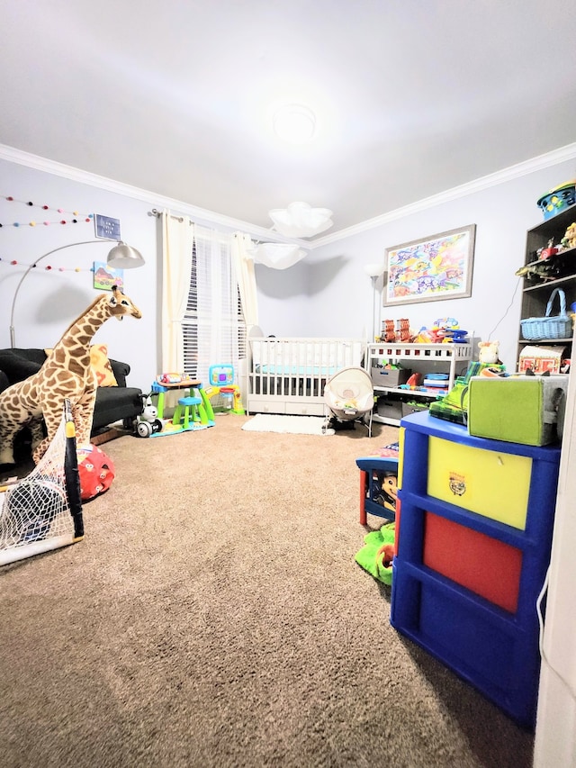 bedroom featuring carpet flooring, a crib, and crown molding