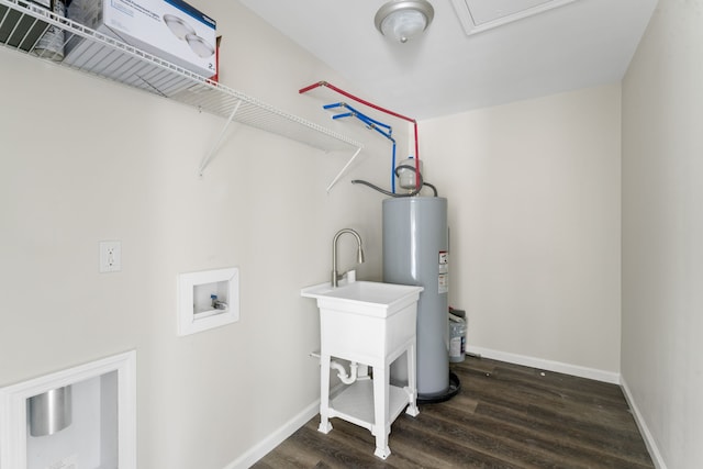 laundry room featuring water heater, washer hookup, and dark hardwood / wood-style floors