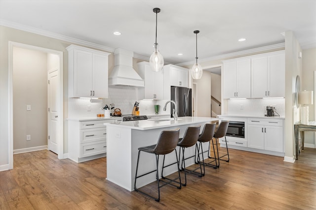 kitchen featuring white cabinets, premium range hood, and stainless steel appliances