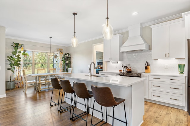 kitchen with white cabinetry, sink, an island with sink, custom exhaust hood, and light wood-type flooring