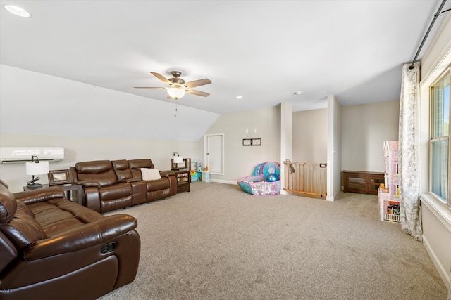 living room with carpet flooring, ceiling fan, and lofted ceiling