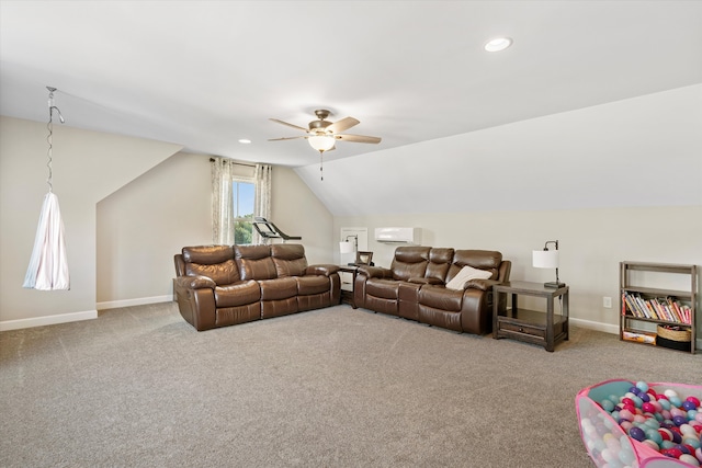 living room featuring ceiling fan, light colored carpet, and lofted ceiling