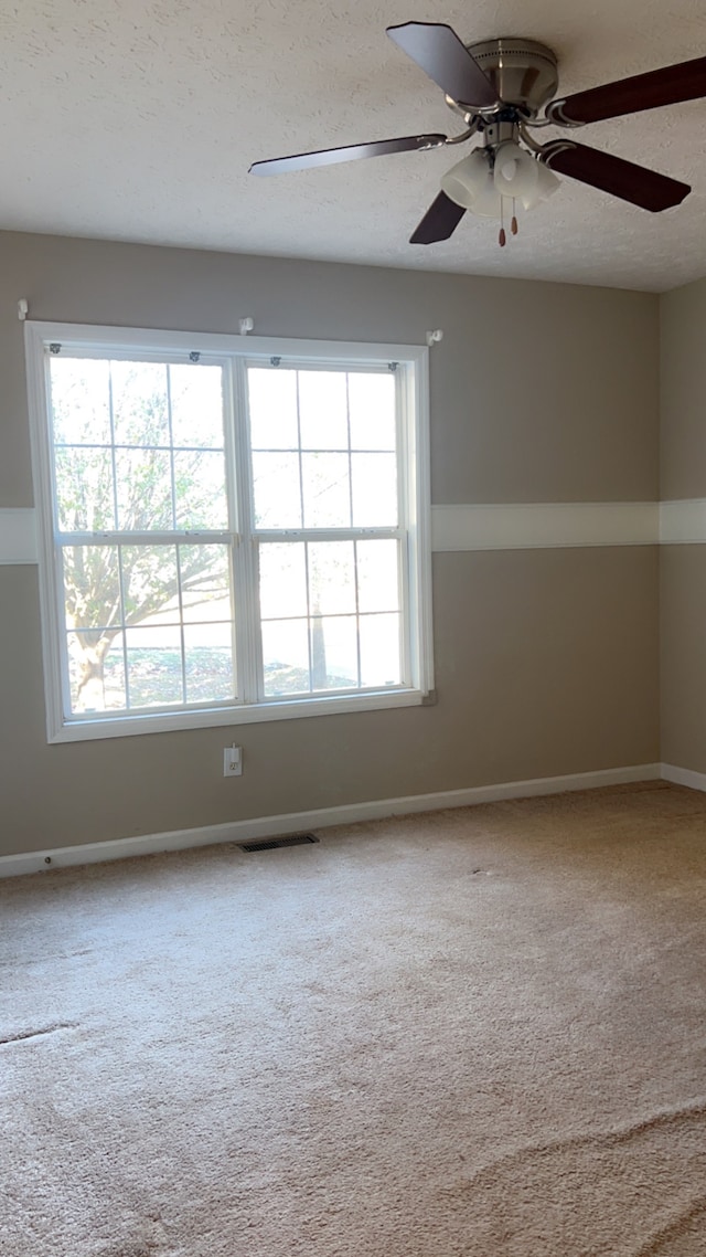 carpeted empty room with a wealth of natural light, ceiling fan, and a textured ceiling