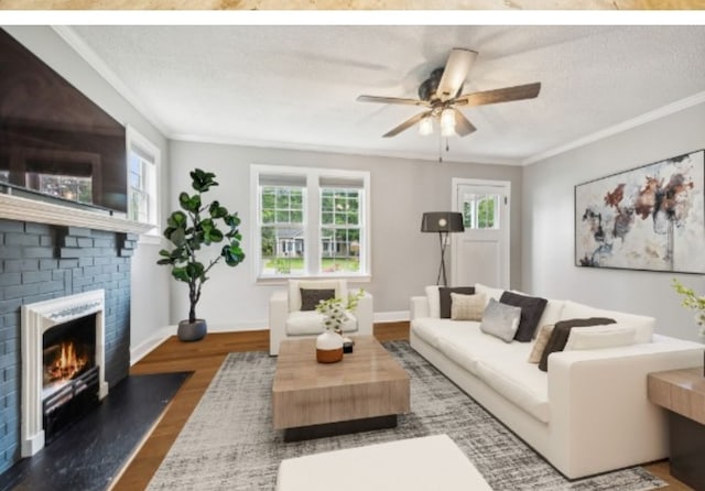 living room with a textured ceiling, dark hardwood / wood-style flooring, ornamental molding, and a fireplace