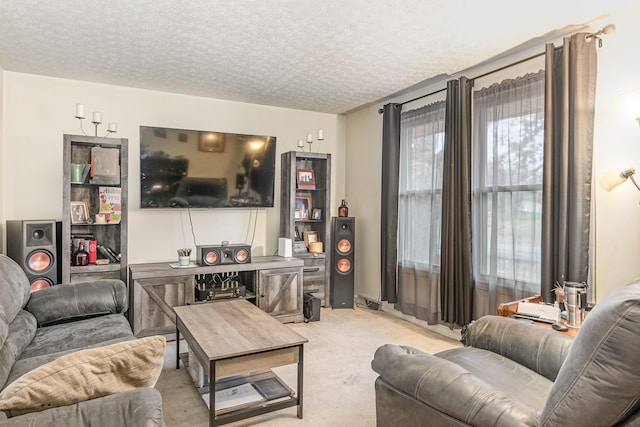 carpeted living room featuring a textured ceiling