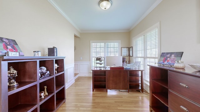 office featuring light hardwood / wood-style flooring and crown molding