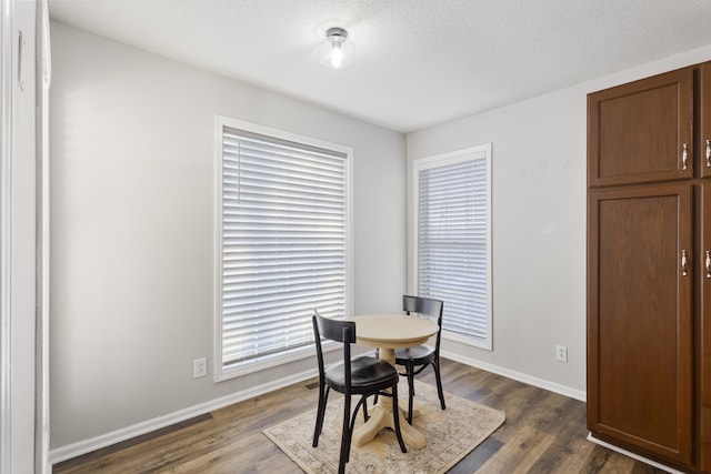 dining room featuring a textured ceiling and dark wood-type flooring